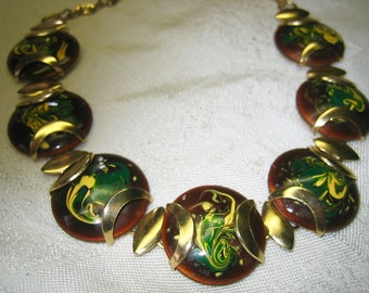 Vintage Art Deco Swirl Enamel Gold Tone Necklace