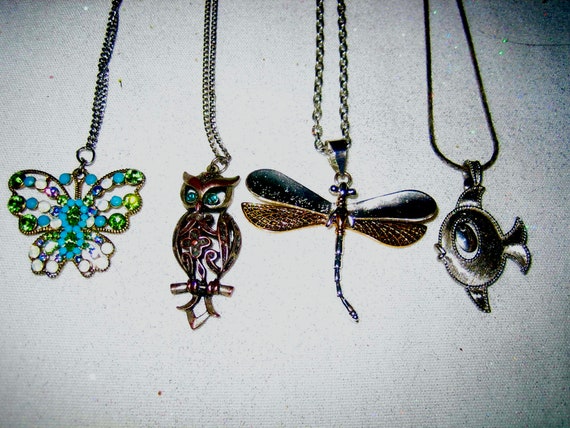 Vintage Lot of 4 Pendants Dragonfly Butterfly Owl… - image 1