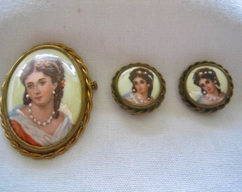 Vintage Lomage France Cameo Brooch Earrings Set 1940s