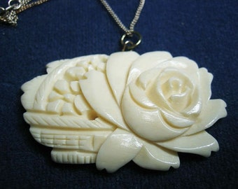 Vintage 40s Deep Carved Open Rose & Basket Pendant