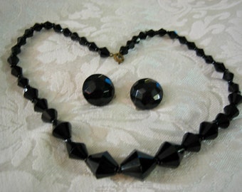 Vintage Black Jet Fancy Cut Beaded Necklace Earrings
