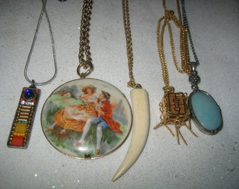 Vintage Lot of 5 Pendant Necklace Cameo Love Lamp Horn China Game Turquoise