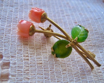 Vintage Coral & Jade Rose Brooch