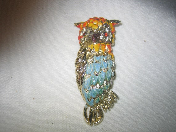 Vintage Stunning Colorful Rhinestone Enamel Owl B… - image 1