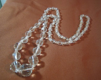 Vintage 36" Art Deco Graduated Facted Rock Crystal Ball Hand Knotted Necklace