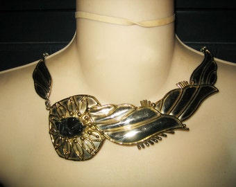 Vintage Studio Made Huge Gold & Silver Plated Black Stone Necklace