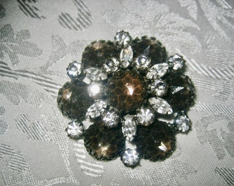 Vintage Blackish Gray & Clear Huge Stone Brooch