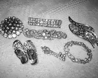 Vintage Lot of 8 Clear Rhinestone Brooches