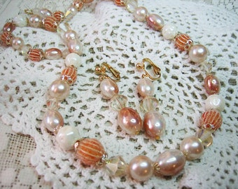 Champagne Crystal & Candy Coated Bead Necklace Earrings