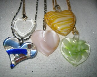 Vintage Lot of 5 Heart Pendants Chrystal Glass Mother of Pearl