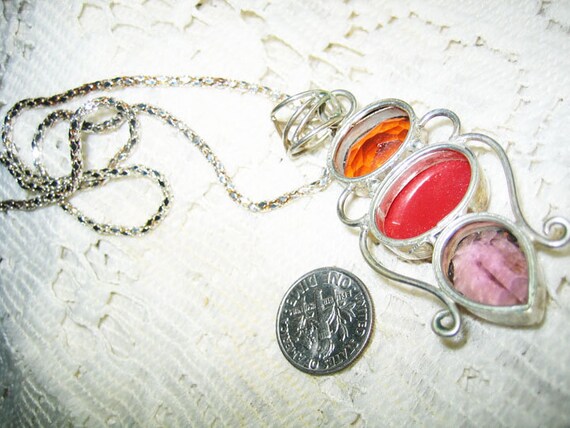 Sterling Mandrin Orange Red Coral & Amethyst Pend… - image 3