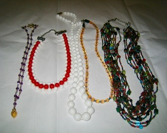 Vintage Lot of 5 Necklaces all Glass Crystal Milkglass Carnival GLASS