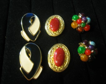 Vintage Lot of 3 Pair Earrings Enamel, Beads, Stones, clip on