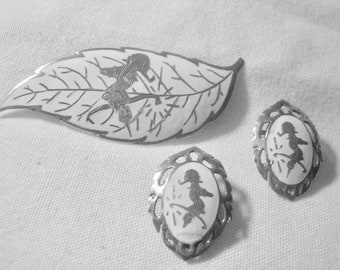 Vintage White Enamel Siam Dancing Lady Brooch Earrings Sterling