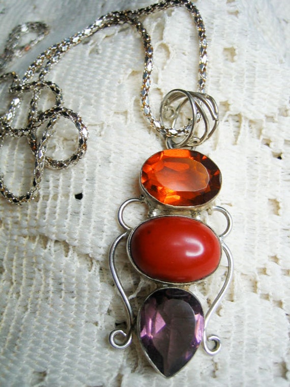 Sterling Mandrin Orange Red Coral & Amethyst Pend… - image 2