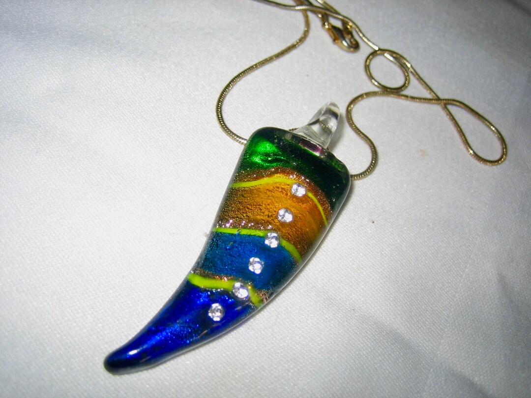 Vintage Italian Horn Large Glass & Rhinestone Colorfull Pendant Etsy