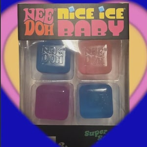 May include: A Nee Doh Nice Ice Baby toy set in a black box with pink and yellow text. The package contains four square, translucent, squishy cubes in blue, red, purple, and light blue, each embossed with the Nee Doh logo on the top surface.