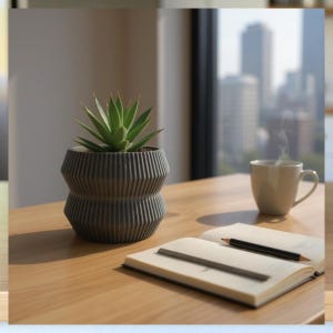 Peut inclure: Une plante succulente verte dans un pot géométrique gris est posée sur une table en bois. À côté, un carnet ouvert avec un crayon et une tasse blanche fumante. En arrière-plan, une vue sur la ville à travers une fenêtre.