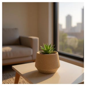 Può includere: Un piccolo vaso geometrico beige con una pianta succulenta verde è posto su un tavolo chiaro. Il vaso ha un design strutturato e angolato. Lo sfondo include una finestra con vista sulla città e un divano dai toni neutri.