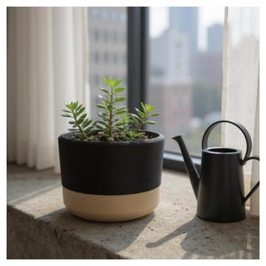 Peut inclure: Une petite plante succulente dans un pot en céramique bicolore noir et beige, à côté d'un arrosoir en métal noir. Le pot est posé sur un rebord de fenêtre en béton avec une vue sur la ville en arrière-plan. La plante a des feuilles vertes.