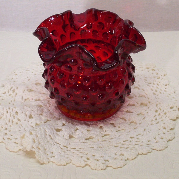 Vintage Fenton Art Glass Ruby Red Hobnail Ruffled Crimped Rose Bowl Vase Marked