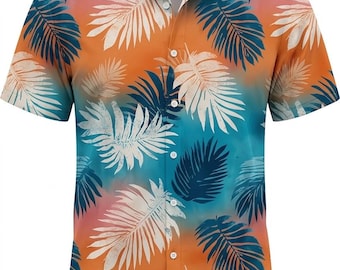 Multicolor Palm Leaves Men's Hawaiian Shirt Button Down Short Sleeve, Tropical Floral Beach Vacation Aloha Shirt