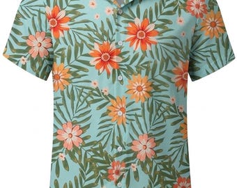 Blue Red Khaki Floral Men's Hawaiian Shirt Short Sleeve Button Down, Tropical Summer Beach Vacation Aloha Party Shirt