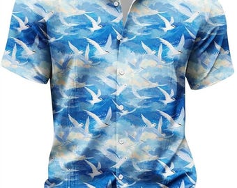 Blue and White Bird Hawaiian Shirt for Men Casual Summer Short Sleeve Button Down, Tropical Beach Vacation Aloha Party Shirt