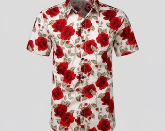 White Rose Hawaiian Shirt, Men's Tropical Floral Button Down