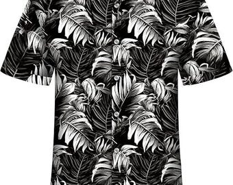 Palm Leaf Black Men's Hawaiian Shirt Casual Short Sleeve Button Down, Tropical Summer Beach Vacation Aloha Party Shirt