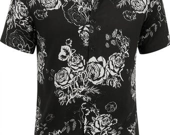 Black Rose Men's Hawaiian Shirt Short Sleeve Button Down, Tropical Summer Beach Vacation Aloha Party Floral Shirt