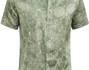 Green Zinnia Men's Hawaiian Shirt Short Sleeve Button Down, Tropical Summer Beach Vacation Aloha Party Shirt