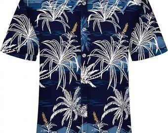 Tree Navy Blue Men's Hawaiian Shirt Casual Short Sleeve Button Down, Tropical Summer Beach Vacation Aloha Party Shirt