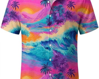 Purple Waves Men's Hawaiian Shirt Button Down Short Sleeve, Tropical Beach Vacation Aloha Party Floral Shirt