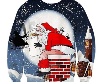 Crazy Christmas Crewneck Sweatshirt with Novelty 3D Graphic Design, Funny Long Sleeve Holiday Sweater