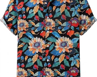 Black Colorful Flower Men's Hawaiian Shirt Short Sleeve Button Down, Tropical Summer Beach Vacation Aloha Party Shirt