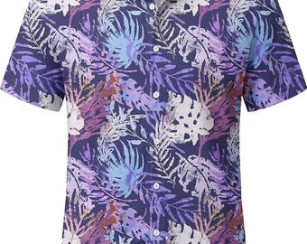Purple Men's Hawaiian Shirt Casual Short Sleeve Floral Button Down, Tropical Summer Beach Vacation Holiday Aloha Shirt