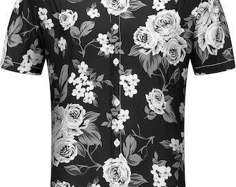 Men's Black Rose Hawaiian Shirt, Short Sleeve Button Down Aloha Party Top