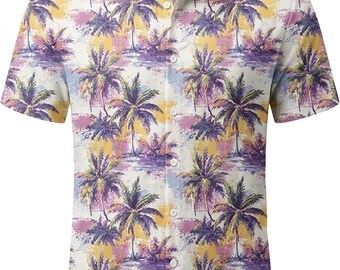Light Purple Hawaiian Shirt for Men Casual Summer Short Sleeve Button Down, Tropical Floral Beach Vacation Aloha Shirt
