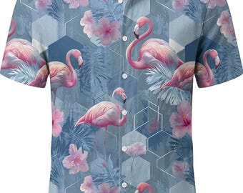 Blue and Pink Flamingo Men's Hawaiian Shirt Button Down Short Sleeve, Tropical Floral Beach Vacation Aloha Shirt