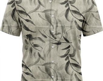 Grey Men's Hawaiian Shirt Casual Short Sleeve Floral Button Down, Tropical Summer Beach Vacation Aloha Shirt