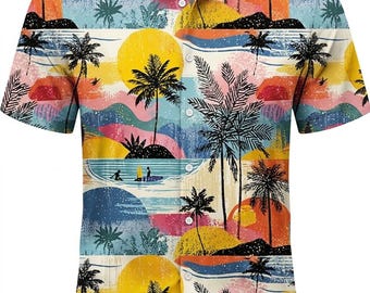 Sunset Hawaiian Shirt for Men Casual Summer Short Sleeve Button Down, Tropical Floral Beach Vacation Aloha Party Top