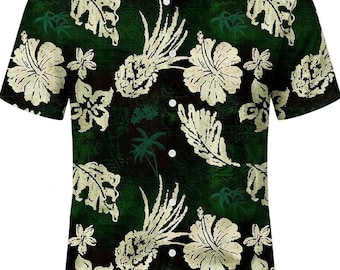 Dark Green Men's Hawaiian Shirt Casual Short Sleeve Floral Button Down, Tropical Summer Beach Vacation Aloha Shirt
