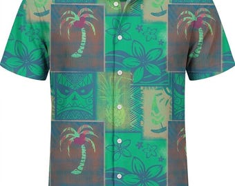 Green Grey Men's Hawaiian Shirt Casual Short Sleeve Floral Button Down, Tropical Summer Beach Vacation Holiday Aloha Shirt