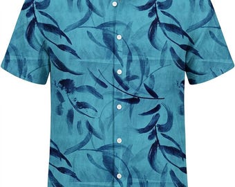 Blue Leaves Hawaiian Shirt for Men Casual Summer Short Sleeve Button Down, Tropical Floral Beach Vacation Aloha Shirt