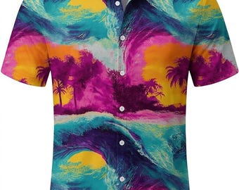 Blue and Purple Dawn Men's Hawaiian Shirt Button Down Short Sleeve, Tropical Floral Beach Vacation Aloha Shirt