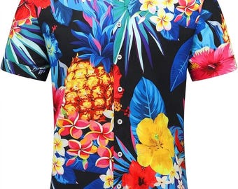 Multicolor Flower Men's Hawaiian Shirt Short Sleeve Button Down, Tropical Summer Beach Vacation Aloha Party Shirt