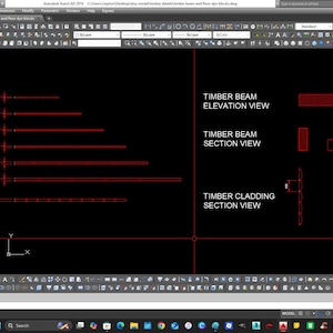 Peut inclure: Dessin technique sur fond noir, avec des lignes et du texte rouges. Le dessin comprend des vues intitulées "Timber Floor Section View", "Timber Floor Boards Section View", "Timber Beam Elevation View", "Timber Beam Section View" et "Timber Cladding Section View".