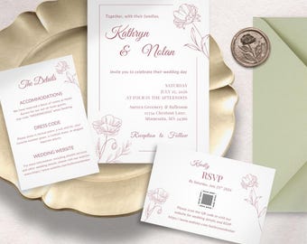 May include: Wedding invitation suite with floral illustrations in mauve. Includes an invitation, RSVP card, details card, and a sage green envelope with a wax seal. The invitation features the names "Kathryn & Nolan" and wedding details.