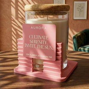 Op de afbeelding: Een kaars in helder glas met een kurken deksel, geplaatst op een roze getrapte voet. Het roze etiket vermeldt: AURORA, CULTIVATE SERENITY, INVITE THE SUN. COASTAL AMBER | 50 HOUR BURN TIME. De kaars bevat witte was en een enkele lont.